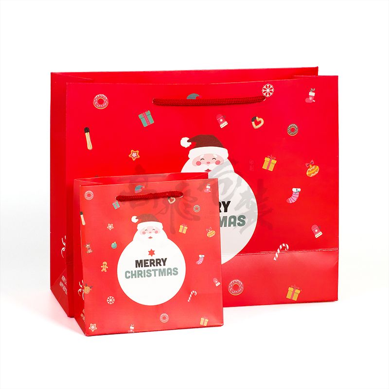 Custom Red Recyclable Merry Christmas and Reusable Flat Foldable Candy Packaging Paper Bag with Rope Handle