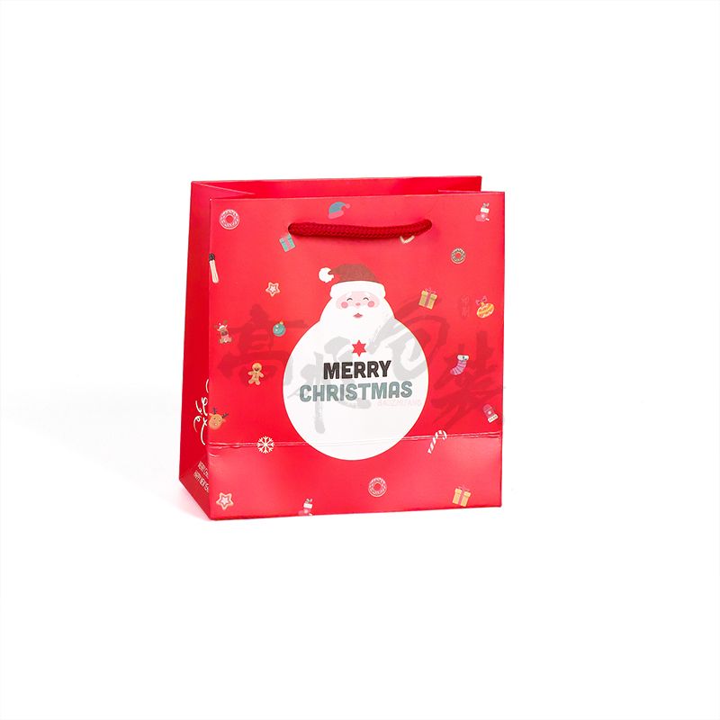 Custom Red Recyclable Merry Christmas and Reusable Flat Foldable Candy Packaging Paper Bag with Rope Handle