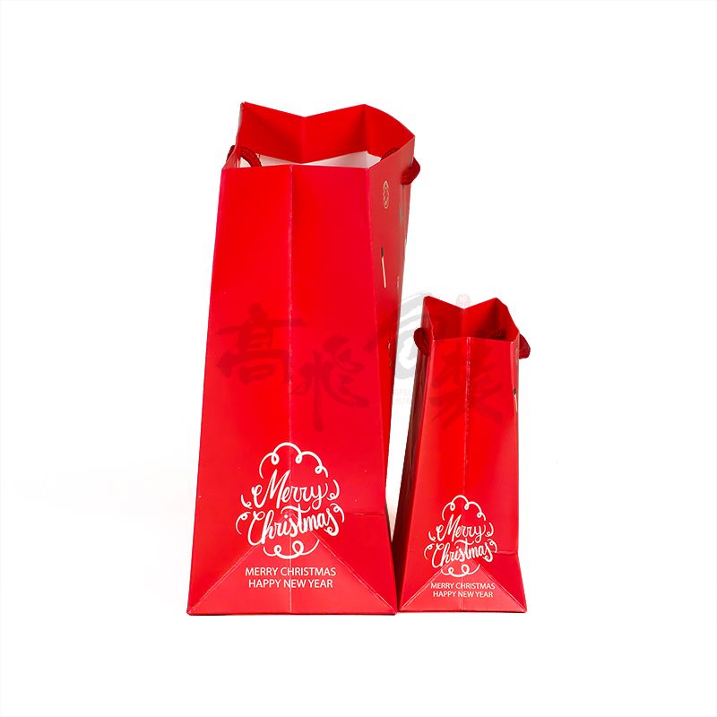 Custom Red Recyclable Merry Christmas and Reusable Flat Foldable Candy Packaging Paper Bag with Rope Handle