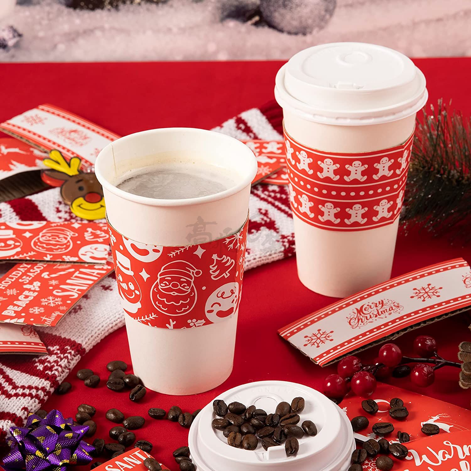 Wholesale Custom Design Christmas Disposable Corrugated Paper Cup Jackets Sleeves For Coffee Cup
