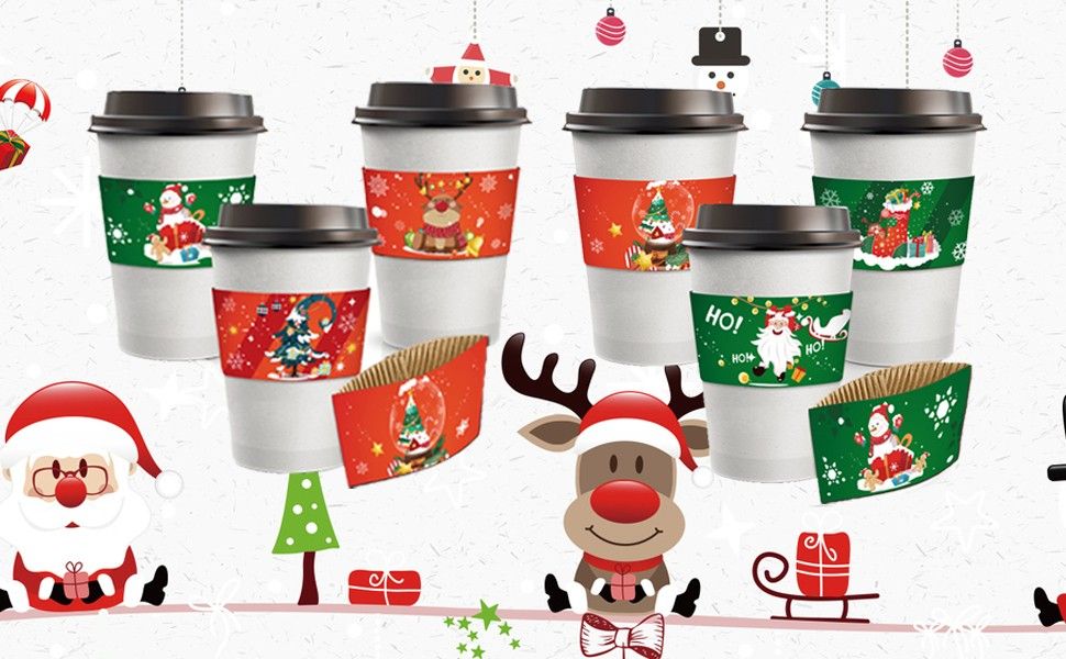 Custom Christmas Disposable Heat-Resistant Coffee Paper Cup Cardboard Sleeve Jacket For Own Logo Printing